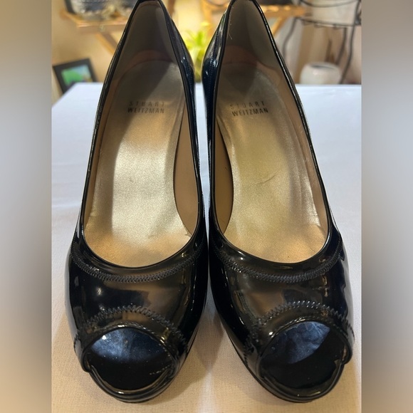 Stuart weitzman black leather pumps size 6 peep toe heel - Picture 4 of 8